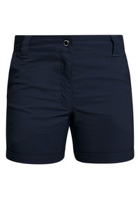 Pantalones cortos azul marino hechos de una tela ligera. Cuentan con un dobladillo doblado, bolsillos delanteros y un cierre de botón con un pequeño acento de marca.