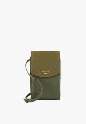 Green textured synthetic crossbody bag with a suede flap, gold logo, detachable strap, and zip closure.