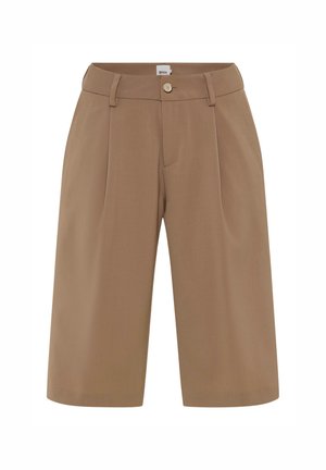 Hellbraune, knielange, maßgeschneiderte Shorts mit Gürtelschlaufen, vorderer Knopfleiste und Falten, geeignet für lässige oder halbformelle Anlässe.