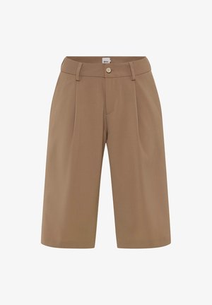 Brune knælange, skræddersyede shorts med bæltestropper, forreste knap og folder, velegnede til afslappet eller semiformal påklædning.