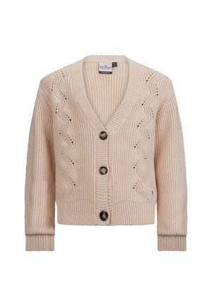 Cárdigan beige de punto con cuello en V, que presenta patrones ondulados decorativos y cuatro botones marrones en la parte delantera. Mangas y dobladillo acanalados.