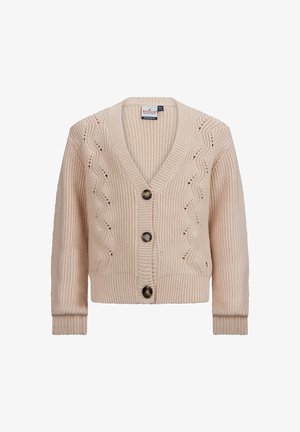 Beige gestrickte Strickjacke mit V-Ausschnitt, mit dekorativen wellenförmigen Mustern und vier braunen Knöpfen an der Vorderseite. Gerippte Ärmel und Saum.