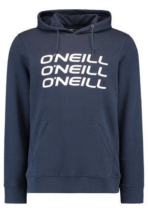 Marineblauwe hoodie met voorvak en trekkoord in de capuchon, met "O'NEILL" driemaal herhaald in grote witte letters op de borst.