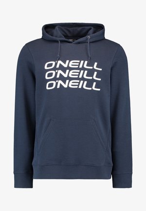 Marineblaue Kapuzenjacke mit Fronttasche und Kordelzug, mit "O'NEILL" dreimal in großen weißen Buchstaben auf der Brust wiederholt.