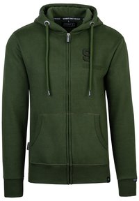Grüne Zip-Hoodie aus weichem Stoff, mit Kapuze mit Kordelzug, Kängurutaschen und gesticktem Logo auf der Brust.