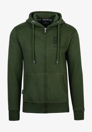 Green zip-up hoodie made of soft fabric, featuring a drawstring hood, kangaroo pockets, and embroidered logo on the chest.