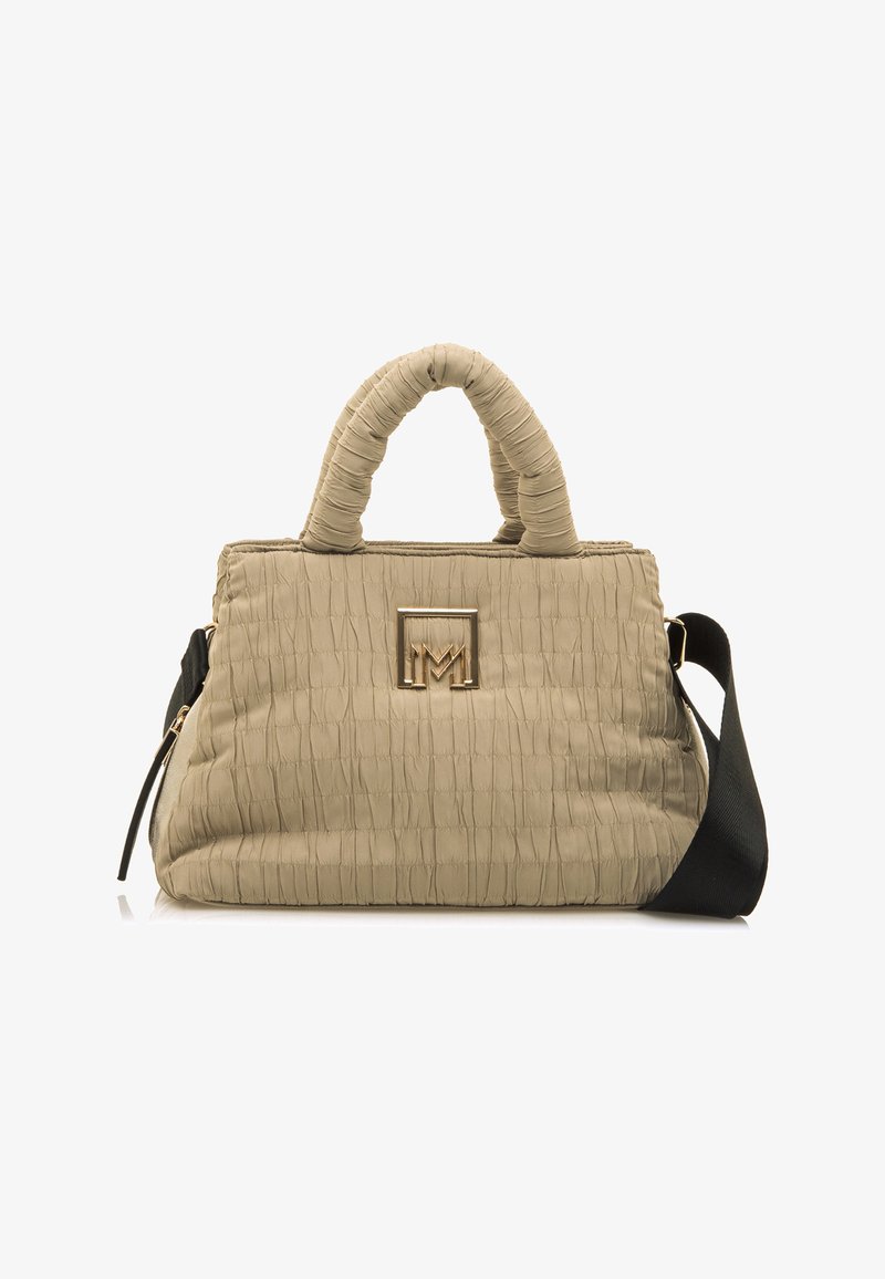 Borsa a tracolla beige con superficie testurizzata e materiale arricciato, doppi manici corti, tracolla nera rimovibile e minuteria dorata con accento del logo.