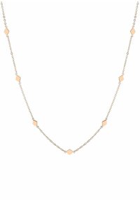 Collana in argento con accenti geometrici in oro rosa. Presenta una serie di anelli a forma di diamante alternati a superfici lisce.