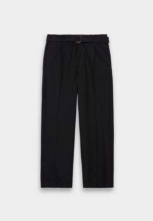 Black striped trousers with a belted waist, featuring pleats and a loose fit for comfort. Smooth fabric with a subtle texture.
