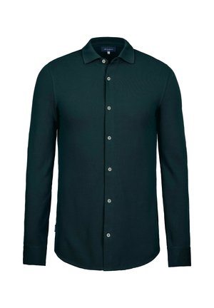 Dunkelgrünes langärmliges Hemd mit Knopfleiste, Kragen und sieben Knöpfen, dargestellt auf weißem Hintergrund.