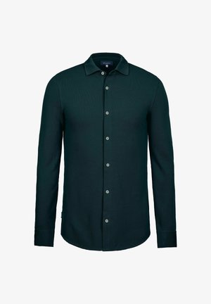 Chemise à manches longues vert foncé à boutons avec col et sept boutons, présentée sur un fond blanc.