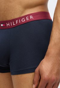 Krupan plan osobe koja nosi bokserice tamnoplave boje s crvenim pojasom označenim "HILFIGER."