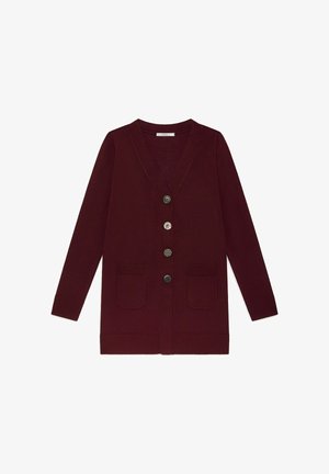 Cardigan bordeaux scuro a maniche lunghe con scollo a V, quattro bottoni distinti e due tasche frontali, disteso su sfondo bianco.