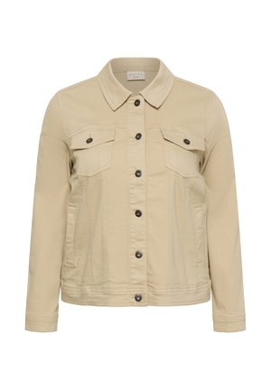 Veste en jean beige à manches longues avec fermeture à boutons sur le devant, deux poches poitrine à rabat avec boutons, et poches latérales.