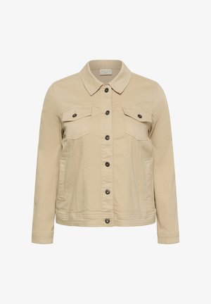 Veste en jean beige à manches longues avec fermeture à boutons sur le devant, deux poches poitrine à rabat avec boutons, et poches latérales.