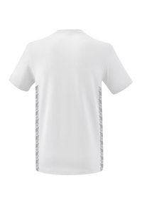 Witte t-shirt met korte mouwen, een ronde halslijn en met grijze accenten met patroon aan beide zijkanten. Gladde stoftextuur.