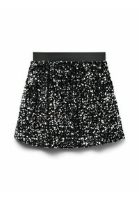 Gonna mini nera con paillettes e cintura elastica. La superficie presenta numerose paillettes lucide e riflettenti disposte in modo denso.