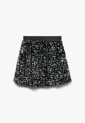 Fustă mini neagră din paiete cu talie elastică. Suprafața este acoperită cu numeroase paiete strălucitoare și reflective, dispuse dens.