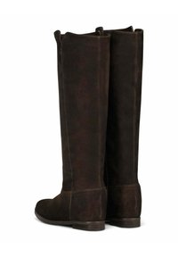 Bottes en daim brun foncé, hautes, avec des petits talons, des bouts ronds et des languettes en haut pour un enfilage facile.