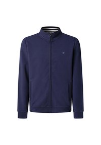 Giacca zip-up blu navy con colletto alto, due tasche laterali e polsini a coste. L'interno presenta un motivo a righe.