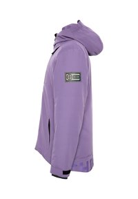 Lila Jacke mit Kapuze, Reißverschlusstaschen und einem Logo-Patch am Ärmel. Das Material erscheint glatt mit einer matten Oberfläche.