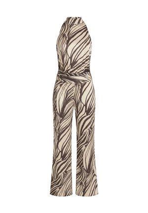 Ujjatlan bézs overál halter nyakkal és sötétbarna absztrakt levélszerű mintával, szűkített derékkal és bő szárú nadrággal.