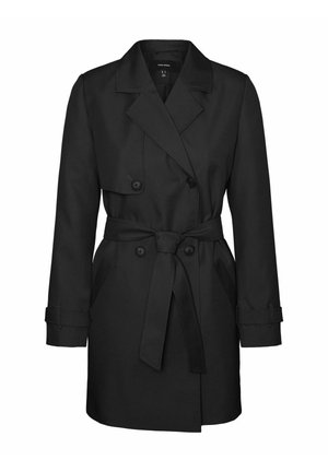 Manteau noir en tissu résistant, présentant un design à double boutonnage, une taille ceinturée et des poignets boutonnés. Col classique à revers.