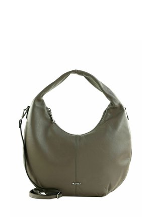 Sac à main en cuir vert olive avec une silhouette courbée, une fermeture éclair et une bandoulière amovible. Texture lisse et quincaillerie minimaliste.