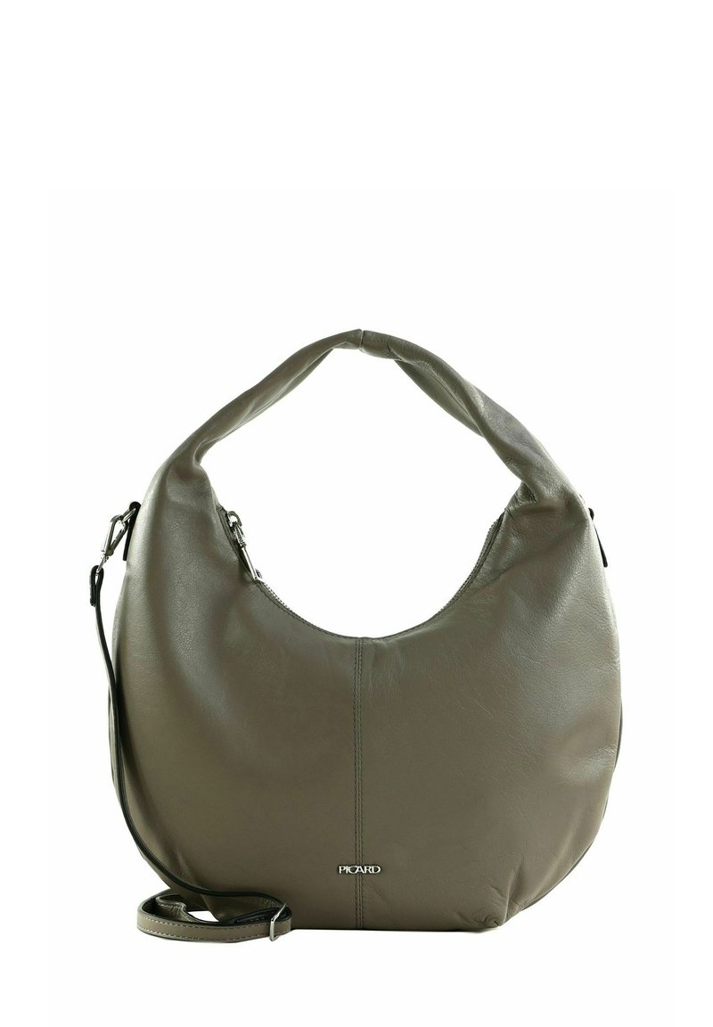 Sac à main en cuir vert olive avec une silhouette courbée, une fermeture éclair et une bandoulière amovible. Texture lisse et quincaillerie minimaliste.