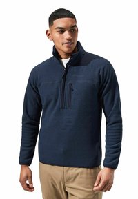 Marineblauer Fleece-Pullover mit einem halben Reißverschlusskragen, strukturiertem Körper und glatten Ärmeln; verfügt über eine kleine Reißverschlusstasche auf der Brust.