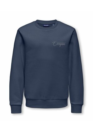 Navy blue crewneck sweatshirt with ribbed cuffs and hem, featuring small "Oregon Mountain Supply Co." text on the upper left chest.