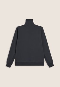 Felpa alta grigia scura con maniche lunghe, polsini e orlo a coste, caratterizzata da una texture liscia e morbida. Nessun motivo di design visibile.
