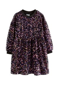 Robe noire à encolure ronde et manches longues, ornée de sequins multicolores. Elle présente une taille froncée et des poignets côtelés noirs.
