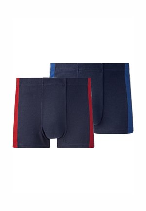 Herren Boxershorts in Marineblau mit roten und blauen seitlichen Streifen, aus einem weichen Baumwollmix, mit elastischem Bund und konturiertem Pouch.