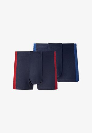Men's boxer shorts in navy blue with red and blue side stripes, featuring a soft cotton blend, elastic waistband, and a contoured pouch.