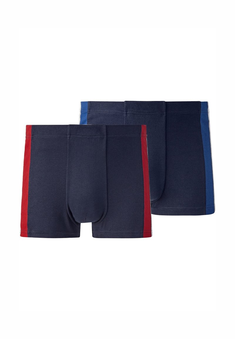 Men's boxer shorts in navy blue with red and blue side stripes, featuring a soft cotton blend, elastic waistband, and a contoured pouch.