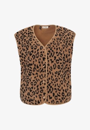 Leopard print sleeveless vest in tan and black, made from a soft, textured material with a V-neck and button closure.