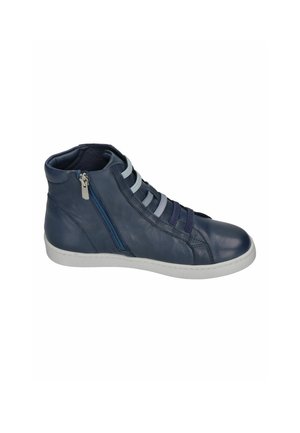 Dark blue high-top sneaker with white sole, side zipper, and elastic bands instead of traditional laces on a white background.