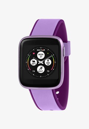 Paarse smartwatch met een vierkant zwart scherm, dat de datum en activiteitsmeters toont. De siliconen band heeft een lichtere paarse accent.