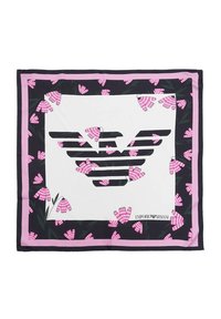Foulard di seta con un grande logo bianco che raffigura un'aquila, circondato da motivi floreali rosa su uno sfondo scuro e un bordo rosa.