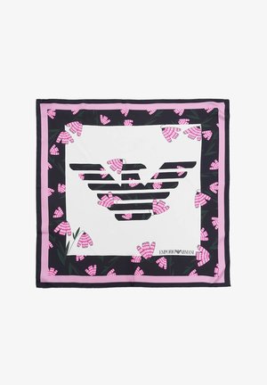 Foulard di seta con un grande logo bianco che raffigura un'aquila, circondato da motivi floreali rosa su uno sfondo scuro e un bordo rosa.