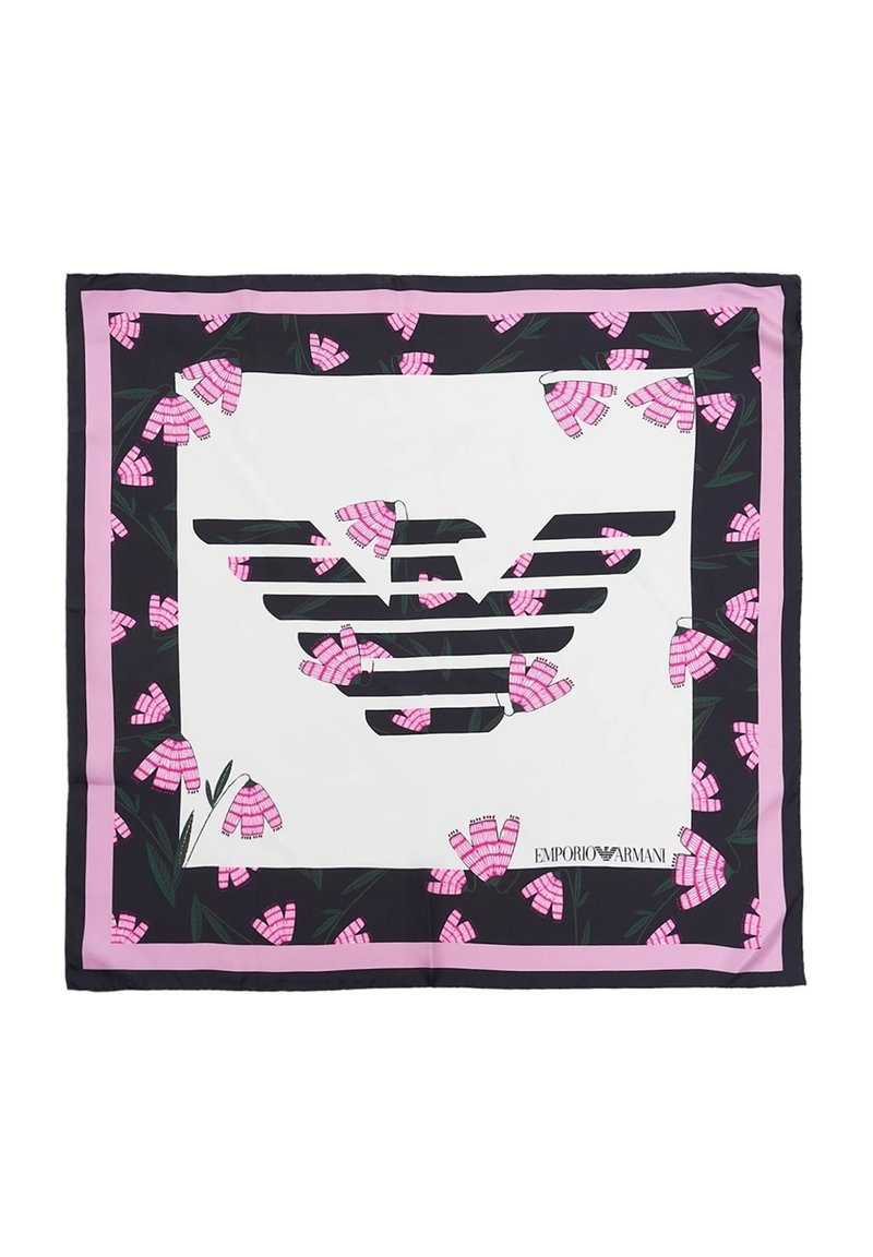 Foulard di seta con un grande logo bianco che raffigura un'aquila, circondato da motivi floreali rosa su uno sfondo scuro e un bordo rosa.