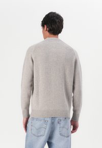 Helles graues Wollpullover mit Rundhalsausschnitt, gerippten Bündchen und Saum sowie einer weichen, strukturierten Oberfläche, von hinten mit blauen Jeans gezeigt.