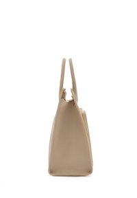 Beige leather tote bag with a textured surface, featuring two handles and a zipper closure along the top for secure storage.