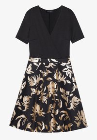 Robe noire à manches courtes, avec un décolleté en V et une jupe évasée. La jupe présente un motif floral doré sur fond noir.