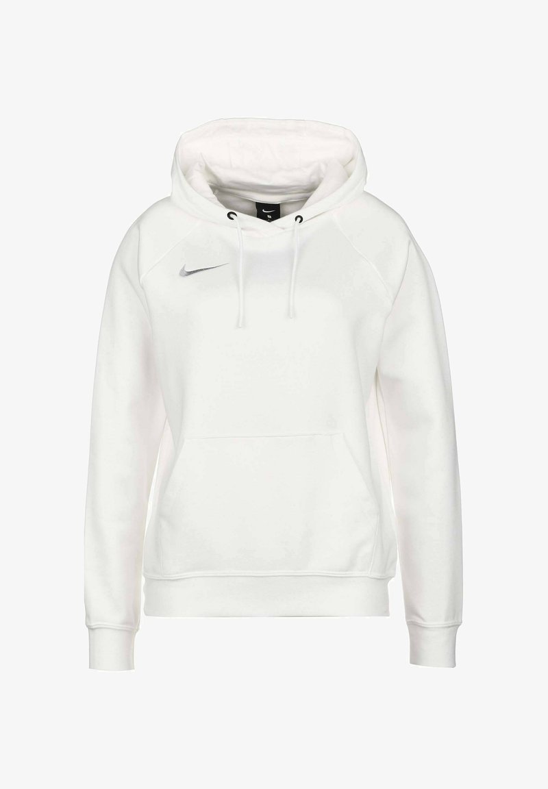 Weißer Nike Hoodie mit einer frontalen Kängurutasche, verstellbaren Kordeln und einem kleinen silbernen Logo auf der Brust. Weicher Stoff und gerippte Bündchen.