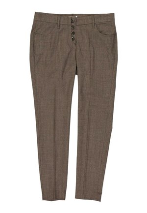 Pantalon habillé marron sur mesure avec quatre boutons noirs à l'avant, passants de ceinture et poches avant, présenté à plat sur fond blanc.