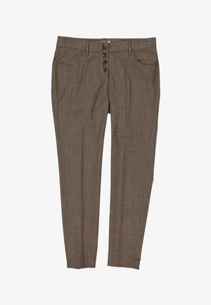 Pantalon habillé marron sur mesure avec quatre boutons noirs à l'avant, passants de ceinture et poches avant, présenté à plat sur fond blanc.
