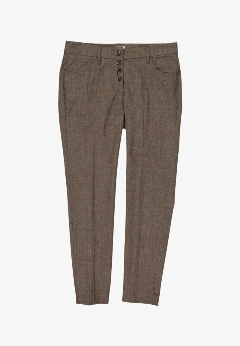 Pantalon habillé marron sur mesure avec quatre boutons noirs à l'avant, passants de ceinture et poches avant, présenté à plat sur fond blanc.