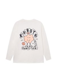 White long-sleeve t-shirt with a cartoon graphic featuring a smiling cloud and text "KUBOTA COMFY CLUB." Soft cotton blend, relaxed fit.